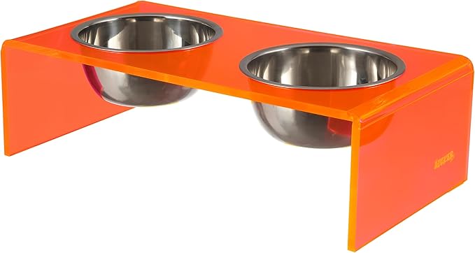 THE LICKER Store DBL2000E Keaton 5" Small/Medium Modern Acrylic Rectangular Elevated Pet Feeder with 20oz 2-Stainless Steel Bowls, Pink/Chrome