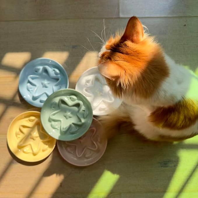 2 Pcs Cat Slow Feeder Bowl – Whisker Friendly Melamine Puzzle Feeding Cat Bowl for Slow Eating – Wet & Dry Food – Dishwasher Safe, Lightweight, Non-Slip (Buttercream + Shell White, 6.3'')