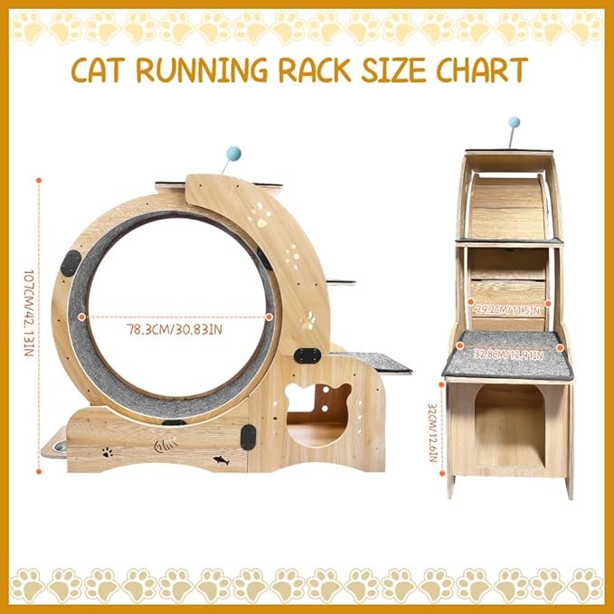 Upgraded Cat Exercise Wheel, Large Cat Treadmill with House, Wet Dry Bowl, Pedal Shelf, Hairball Toy, Cats Running Wheels for Indoor Cats (Wood)