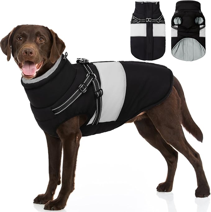 Dog Coat, XXXL Dog Jacket Winter with Harness Built in, Waterproof Pet Snow Jacket with Furry Collar for Chilly Day, Reflective Fleece Snowsuit for Extra Large Dogs, Black 3XL