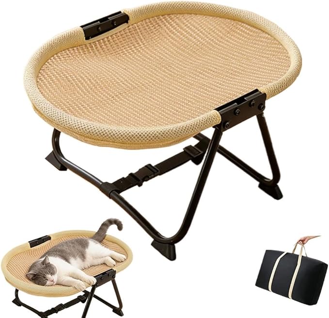 Cat Hammock, Foldable Elevated Cat Bed with Metal Frame, Raised Cats Lounge Chair, Breathable Non-Slip Fabric, Easy Maintenance, Indoor Outdoor Pet Couch for Cats Dogs Kittens (Brown)