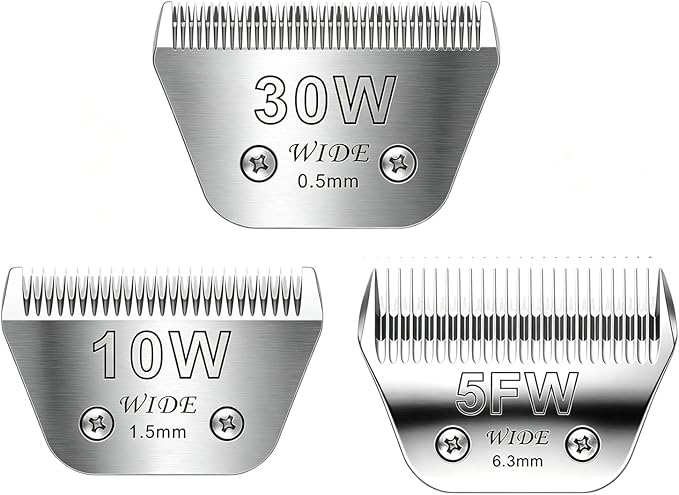 3PCS Wide Blades for Dog Grooming Blades Compatible with Andis,Oster A5,Wahl km10 Dog Clippers Stainless Steel Blades for Animal Dog,Cat,Horse,Silver Size #10W+30W+5FW