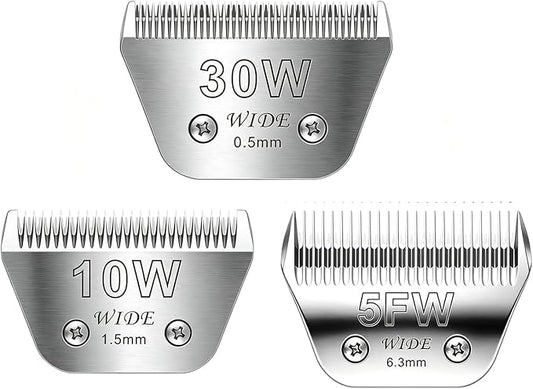 3PCS Wide Blades for Dog Grooming Blades Compatible with Andis,Oster A5,Wahl km10 Dog Clippers Stainless Steel Blades for Animal Dog,Cat,Horse,Silver Size #10W+30W+5FW