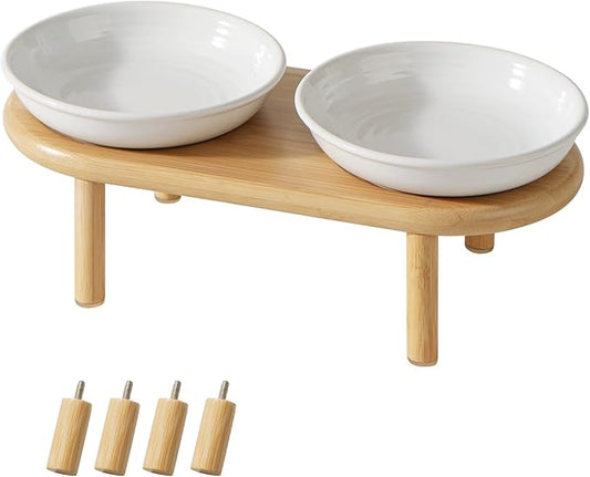 Havniva Elevated Cat Bowls Raised Ceramic Cat Bowl, 5.9” Wide Opening Cat Food Bowl Whisker Friendly Cat Dish Anti-Slip with Bamboo Stand, Shallow Pet Food & Water Bowl for Indoor Cats