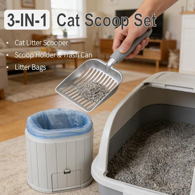 Heavy-Duty Cat Litter Scoop with Holder&Litter Bags, Metal Cat Scooper with Bags, Aluminum Kitty Poop Sifting Shovel Captures All Clumps, Speed Sifter Litter Box Scooper with Cats Caddy