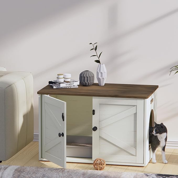 Timberer Cat Litter Box Enclosure, Litter Box Furniture Hidden with Removable Divider, Wooden Cat Washroom Furniture, Indoor Cat House, Rustic Brown and White