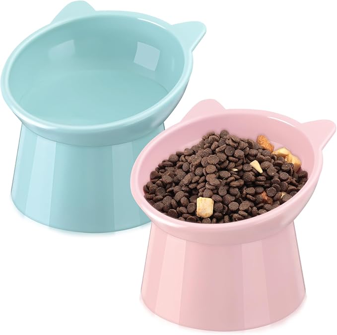 Zhehao 2 Pcs Elevated Cat Bowl Set, Tilted 15° Plastic Raised Food and Water Bowls Anti Vomit Pet Feeding Dishes for Indoor Cats/Small Dogs(Cat Ears,Light Green, Red)