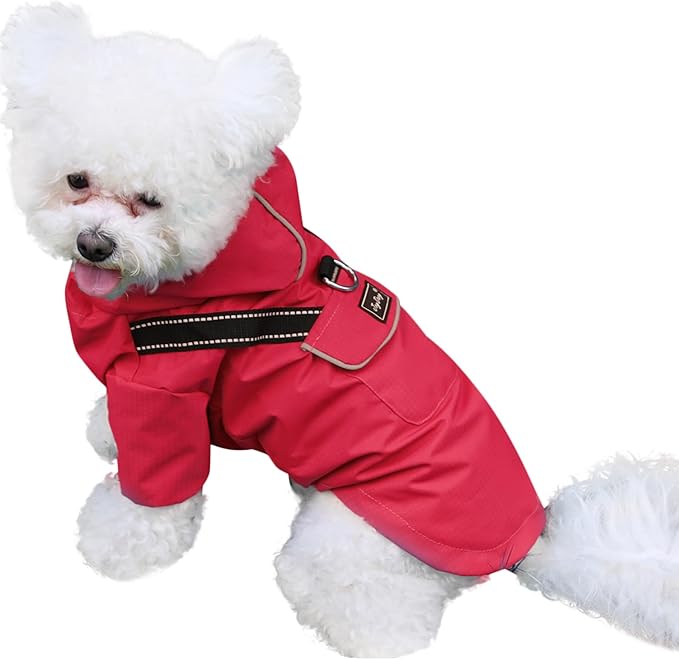 JoyDaog Premium Dog Raincoat with Hood for Small Dogs,Outdoor Sports Waterproof Dog Rain Jacket,Puppy Raincoat with Pockets,Red S