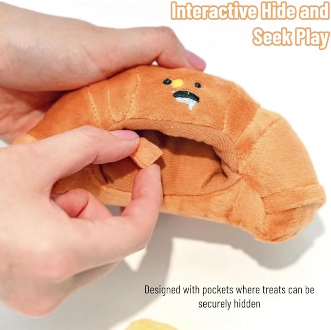 Hide and Seek Plush Croissant Dog Toys Squeaky Toys Enrichment Toys Interactive Burrow Activity Cute Dog Gifts Funny Toy Bundle for Small Medium Large Dogs (Croissant)