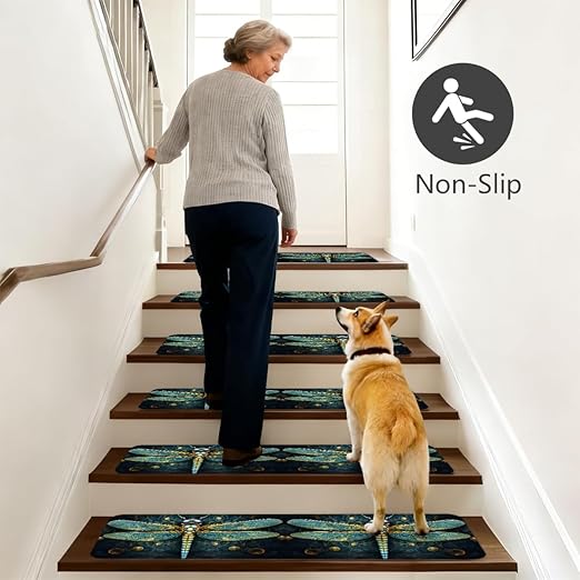 Animal Ethnic Dragonfly Stair Treads for Wooden Steps Indoor Washable Staircase Carpet 15PCS 30"x7.8" Stair Step Treads Non-Slip Staircase Covers Peel and Stick Safety Mat for Kids Elders Pets