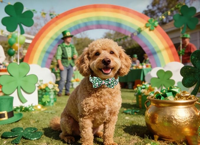 Lionet Paws St. Patrick Dog Collars with Bow tie,Cute Pink Clover Green Dog Collar Bow Tie for Dogs Female, Medium, Neck 13.5-22 inches