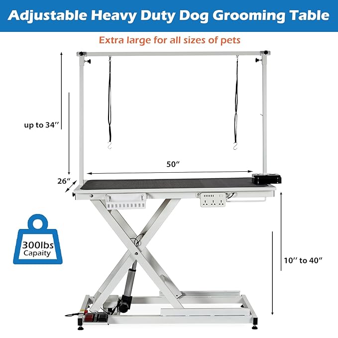 GarveeHome 50" Dog Grooming Table, Electric Hydraulic Grooming Table with Aluminium Overhead Arm, Anti Slip Tabletop, 6 USB Ports for Large Dogs At Home and Salon, Maximum Capacity Up to 300Lb, White
