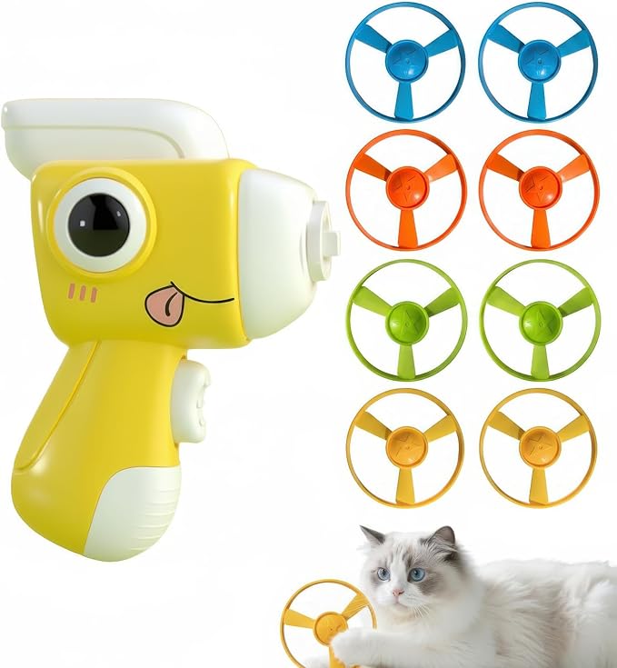 Interactive Cat Toy for Indoor Cats - Cat Fetch Toy Launcher with 8 Colorful Flying Discs, One-Press Exercise Toy for Chasing & Hunting, Fun Kitten Toy for Adult Cats, Yellow