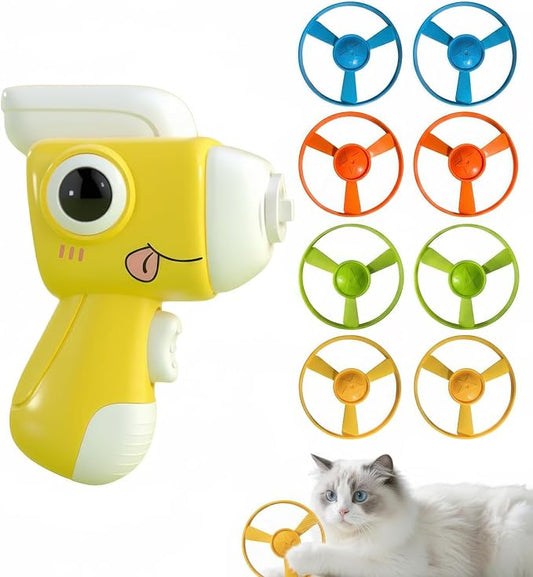 Interactive Cat Toy for Indoor Cats - Cat Fetch Toy Launcher with 8 Colorful Flying Discs, One-Press Exercise Toy for Chasing & Hunting, Fun Kitten Toy for Adult Cats, Yellow