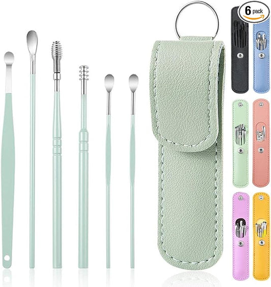 6 Pcs Ear Pick Earwax Removal Kit, Cleansing Tool Set, Curette Cleaner, 360degree Spiral Design Canal Cleaner Stainless Steel, with a Storage Box Portable Kit (Green), 11.7x2.8x2cm