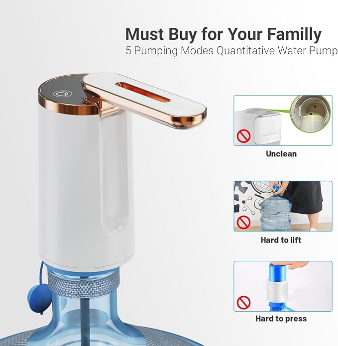 Myvision Water Dispenser for 5 Gallon Bottle, Portable USB Charging Electric Water Pump, Drinking Water Jug Pump for Home, Kitchen, Living Room, Office, Camping, Universal for 3-5 Gallon (Plus W)