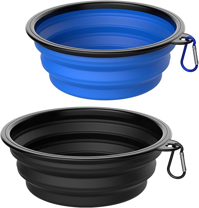 Collapsible Dog Bowls [2 Pack] 34 oz, Travel Dog Bowls, Pet Bowl Portable Foldable Water Food Feeding Dishes with Carabiner Clip for Traveling Hiking Walking-Black & Blue