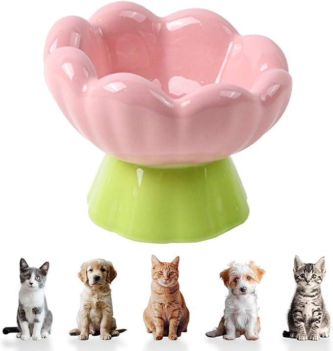 DIF DECO Ceramic Raised Cat Bowl, Pink Elevated Food Bowls for Food and Water Protecting Spine and Whiskelfriendly,Tulip Shape Cute Pet Feeder Dish for Indoor Cats and Small Doas(Height 4.1 inch)