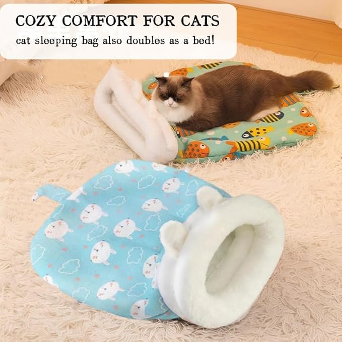 Sleeping Bag for Cats, Cozy Self Warming Cat Sleeping Bag for Indoor Cats, 360° Wrap Cat Hideaways Pet Snuggle Sack for Sleeping Relax Play (Grey+Blue)