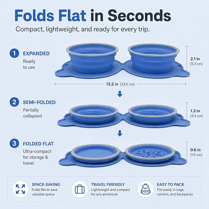 Collapsible Dog Bowls, 2-in-1 Silicone Pet Food and Water Bowl with Carabiner - Portable Double Compartment Travel Dish for Dogs, Ideal for Camping, Hiking, Car Rides, Puppy Essentials (Blue)