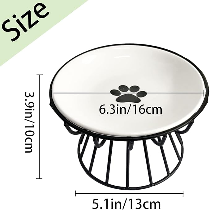 Ceramic Cat Bowls with Metal Stand,Elevated Cat Bowl Raised Kitten Food&Water Feeding Shallow Dish for Indoor Cats,Puppies,Small Dogs(Black)