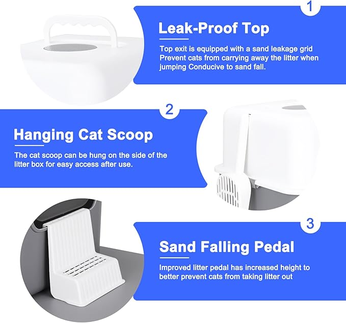 Sfozstra Grey Enclosed Cat Litter Box with Lid - Includes Sand Pedal & Carry Handle, Lift-Off Buckle Lock for Easy Cleaning, High Sides Anti-Leak, Odor Control with Deodorizer, for Cats Under 8 lbs