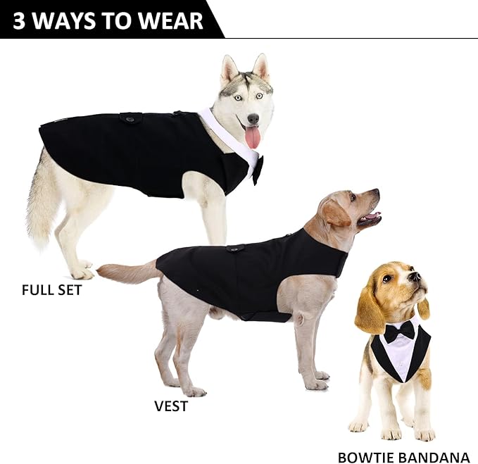 DORA BRIDAL Dog Tuxedo for Small Dogs,Dog Suit and Bowtie, Formal Dogs Wedding Outfit, Pet Tuxedo and Bandana Set Valentines Birthday Christmas Party Costumes for French Bulldog, Pomeranian, Black,S