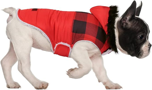 HDE Dog Puffer Jacket Fleece Lined Warm Dog Parka Winter Coat with Harness Hole Buffalo Plaid - M