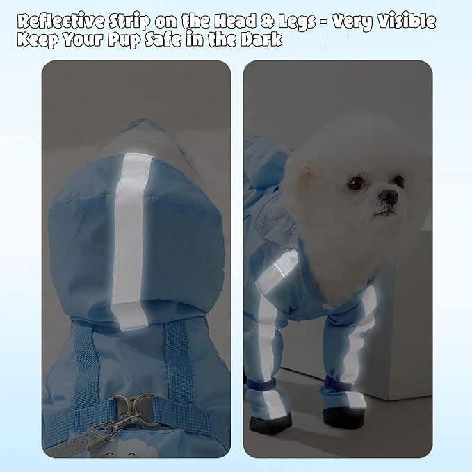 HDKUW Dog Raincoat and Rain Shoes Set, Full-Coverage Reflective Jacket with Backbag, Blue XL