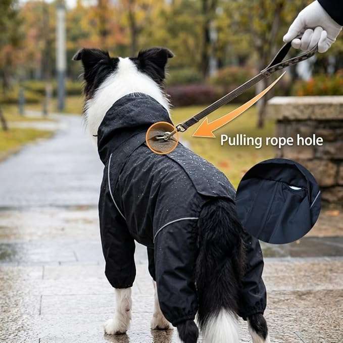 Dog Raincoat for Medium Large Dogs,rain Jacket Coat, Full Leg Coverage Waterproof Rain Suit with Detachable Hood & Tail, Reflective Strips, Snag-Free Top Zipper (Black for Boy, Small)