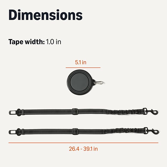 Amazon Basics Dog seat Belt, Adjustable Dog Car Harness, Adjustable Length 26"-39", Includes Collapsible Travel Bowl, Black