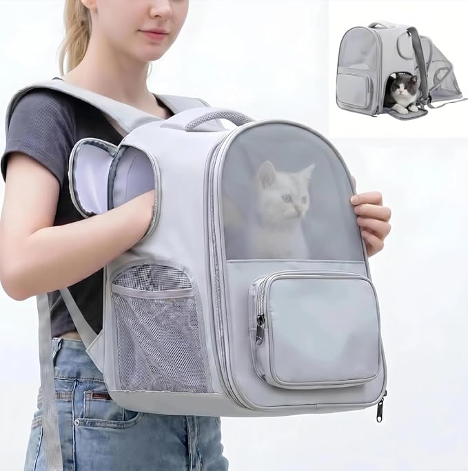 Pet Carrier Backpack for Cats and Small Dogs-Expandable Pet Tent Breathable Visible Pet Bag for Kitty and Puppy Foldable Pet Nest Bed Perfect for Travel Walks Shopping Vet Visits Home Use-Gray