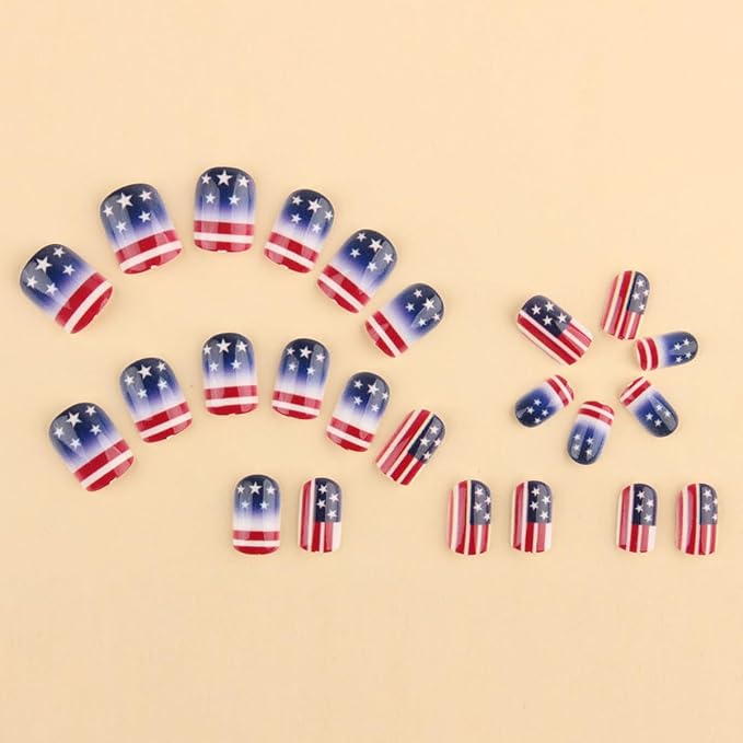 yefiuo 4th of July Press on Nails Short Square Stripe French Fake Nails Press ons Flag Acrylic False Nails Glue on Nails Reusable Nail Tips Kit Full Cover Stick on Nail Supplies for Women Girls 24Pcs