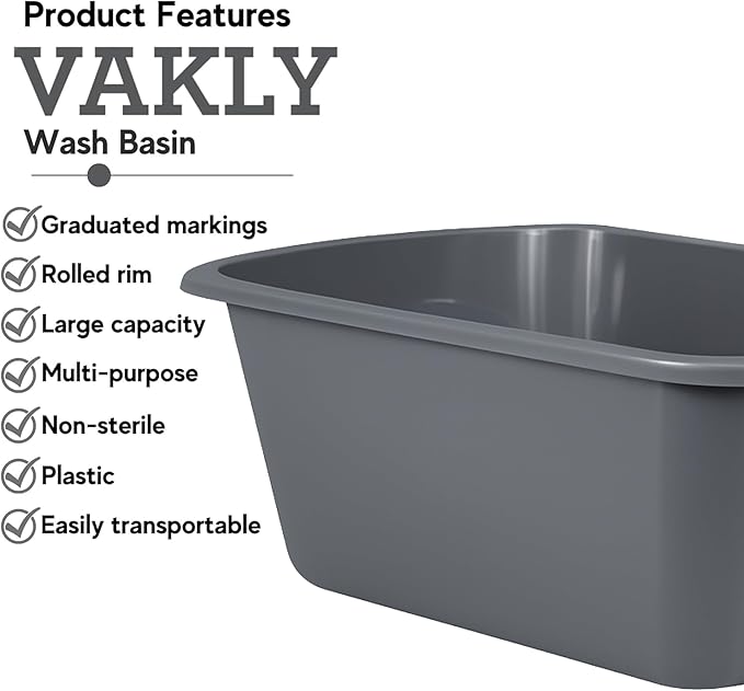 Vakly Wash Basins – Rectangular Plastic Hospital Bedside Soaking Tub (Pack of 2) Small 7 Qt Graduated Bucket - Portable Washbasin for Washing, Cleaning, Foot Bath, Dishes, Face Cleansing Bowl