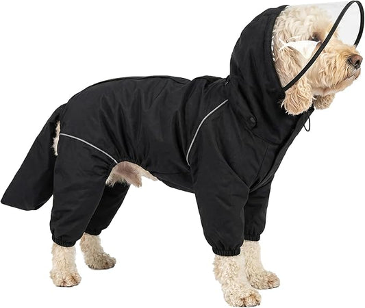 Dog Raincoat for Medium Large Dogs,rain Jacket Coat, Full Leg Coverage Waterproof Rain Suit with Detachable Hood & Tail, Reflective Strips, Snag-Free Top Zipper (Black for Boy, XX-Small)