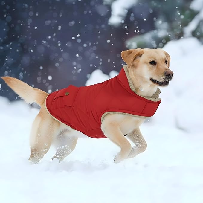 ASENKU Warm Dog Winter Coat, Waterproof Dog Coat for Cold Weather, Fleece Dogs Jacket with Ultra Thick Plush Lining Leash Hole Storage Pockets for Large Dogs (Red, X-Large)