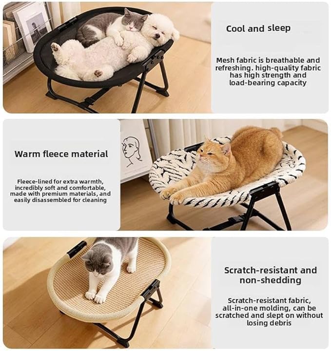 Cat Hammock, Foldable Elevated Cat Bed with Metal Frame, Raised Cats Lounge Chair, Breathable Non-Slip Fabric, Easy Maintenance, Indoor Outdoor Pet Couch for Cats Dogs Kittens (White+Black)