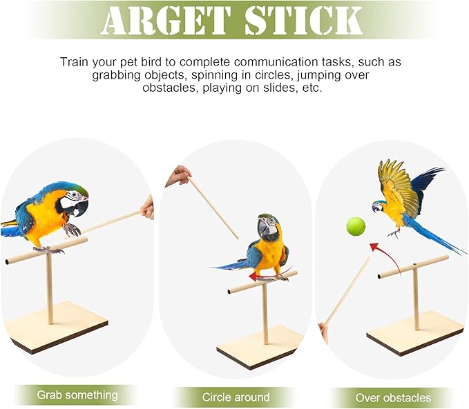 3 Pcs Bird Training Stand Kit, Parrot Training Clicker Portable Tabletop Bird Perch and Target Stick, Wooden Spin Perch Clickers with Wrist Strap for Parakeet Conure Lovebird Cockatiel