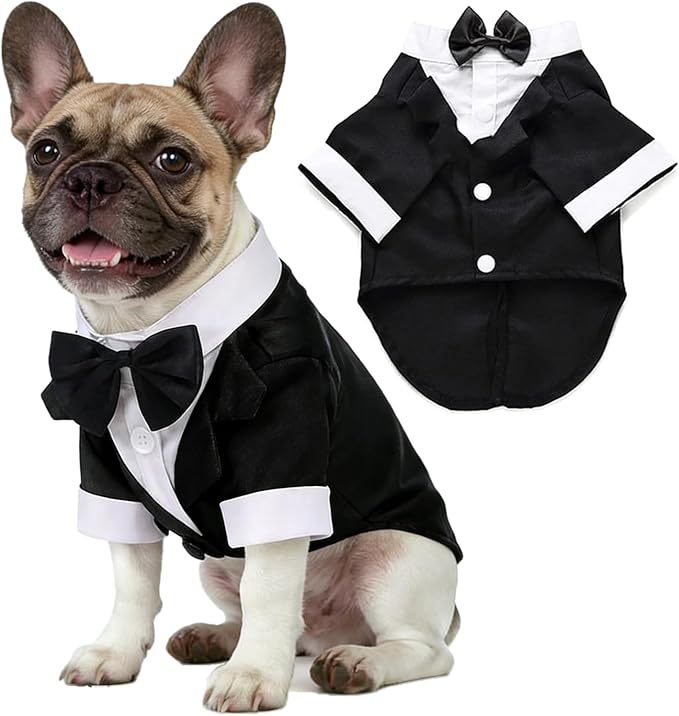 Dog Shirt Puppy Clothes, Pet Wedding Suit Formal Tuxedo with Black Bow Tie, Pet Outfit for Small Medium Dogs Cats, Pet Weding Attire Dress Up Cosplay Prince Costume Gentleman Apparel (Black, X-Large)