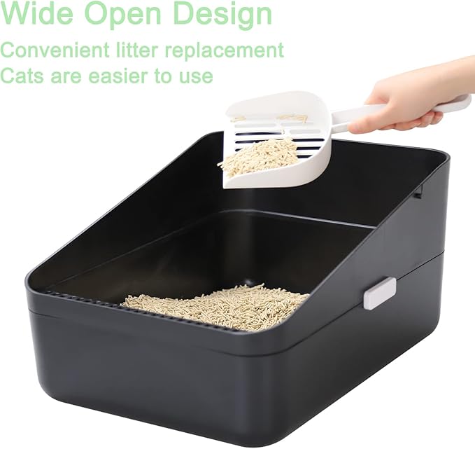 Sfozstra Black Open Top Cat Litter Box - Medium, High Sides & Leak-Proof, Easy-Clean Litter Pan, Odor-Reducing, Durable ABS, for Home Cats Up to 13 lbs