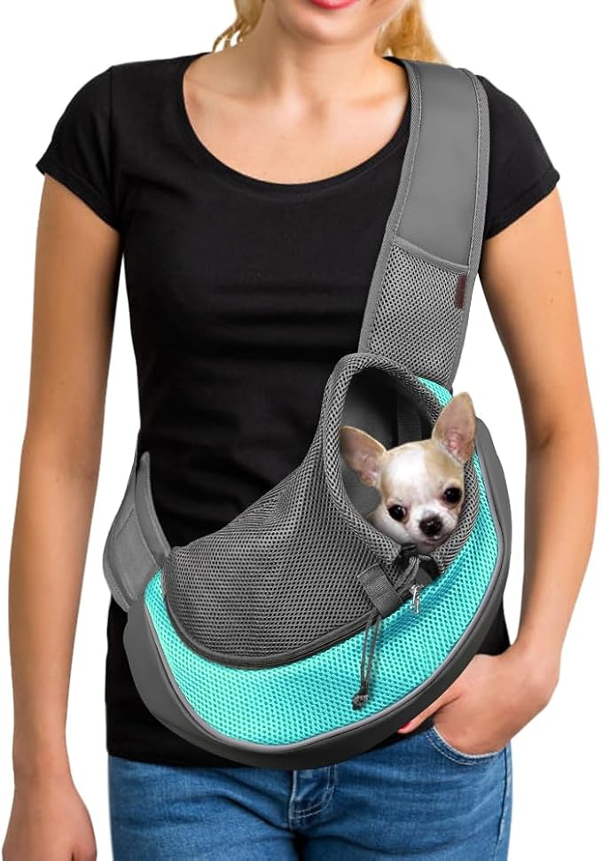YUDODO Pet Sling Carrier for 10-15 lbs Small Dogs & Cats – Hands-Free Puppy Carrier with Safety Hook, Large Zipper Pocket, Soft Breathable Mesh, Adjustable Strap & Reflective Strip (Cyan 1.0 L)