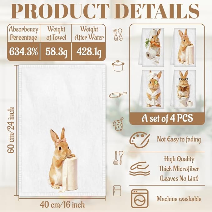 WADORN 4Pcs Funny Bunny Kitchen Hand Towels, Cute Rabbit Gifts Decorative Hand Towels for Bunny Lovers 24 x 16 Inch Microfiber Absorbent Soft Tea Dishcloths for Bathroom Washroom Toilet Restroom