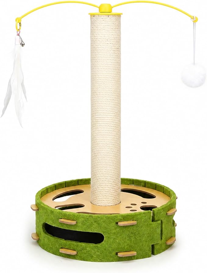 Cat Nail File Scratcher, Cat Claw Saver Box with Scratching Post, Interactive Cat Scratch Puzzle Box with Rotating Teaser & Replace Sandpaper for Indoor Cats (3 Bell Ball)
