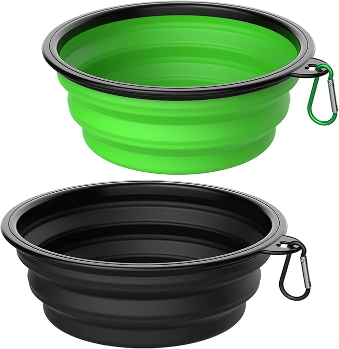 Collapsible Dog Bowls [2 Pack] 34 oz, Travel Dog Bowls, Pet Bowl Portable Foldable Water Food Feeding Dishes with Carabiner Clip for Traveling Hiking Walking-Black & Green