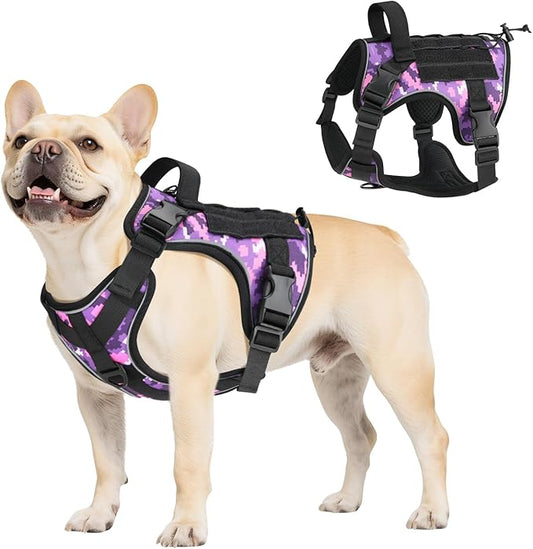 VavoPaw Heavy Duty Tactical Dog Harness for Large Dogs, No Pull Adjustable Pet Harness Reflective Service Training Easy Control Pet Vest Military K9 Working Dog Harnesses, Purple Camouflage, S