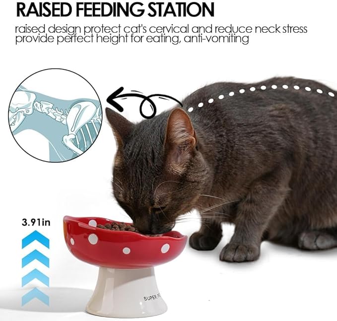 Mushroom Shaped Ceramic Elevated Cat Bowl, Tilted Whisker Friendly Feeding Dish for Indoor Cats, Wide Raised Pet Bowl, Dishwasher Safe (Pink)