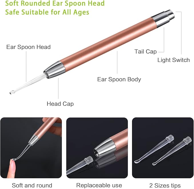 4 Pack Ear Pick with Light, Ear Cleaner Ear Wax Removal Tool Kit for Kids and Adults, Ear Picks Digger & Tweezers & Spiral Spring Ear Spoon Set with Storage Box (Rose Gold)