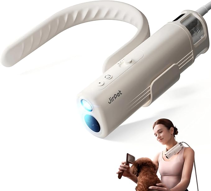 JirPet Pet Neck Dryer, Professional Low Noise Dog Dryer for Pet Grooming, 14,800FPM Portable High Velocity Pet Dryer, Hands-Free Dog Blow Dryer with Neck Hanging, Dog Hair Dryer with 3 Speeds & 4 Temp