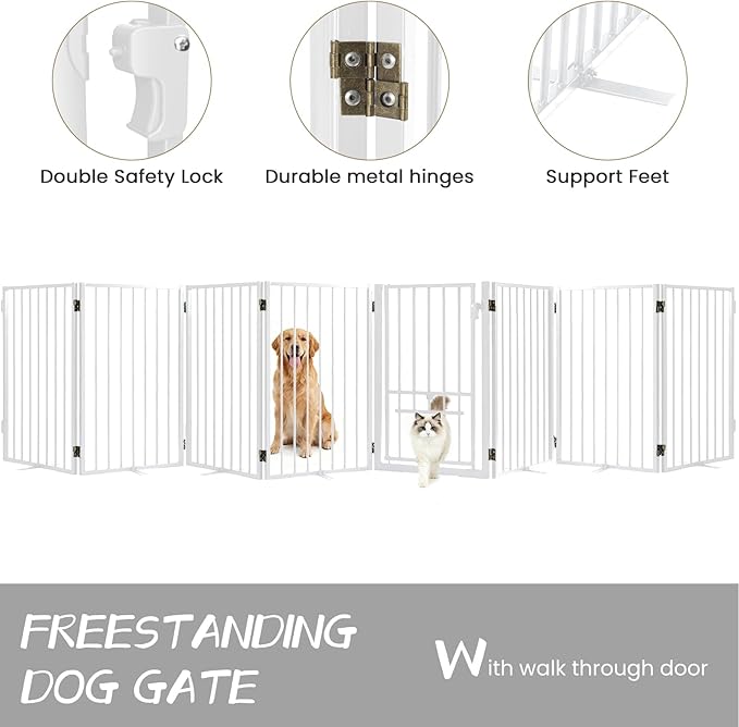 Metal Freestanding Dog Gate with Cat Door for Outdoor & Indoor,34" Tall Foldable Pet Fence,160" Extra Wide Dog Gate for RV Camping,Stairs,Hallways,Doorways,Deck,Yard,with 7PCS Support(8 Panels,White)