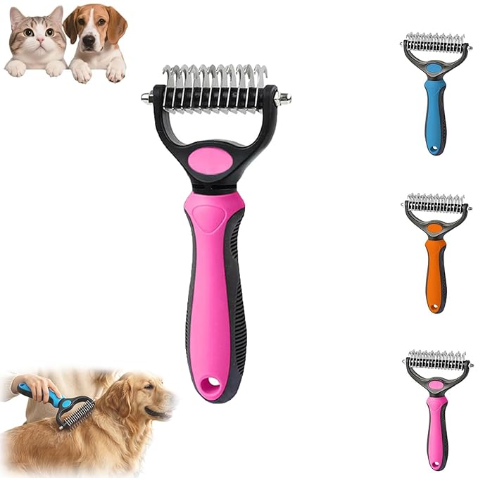 Pet Pro Grooming Tool, 2-in-1 Deshedding Dog Brush with 9/17 Teeth Undercoat Rake for Dogs & Cats, Dual-Sided Stainless Steel Pet Comb for Long Hair & Thick Coats, Non-Slip Ergonomic Handle (Pink-S)
